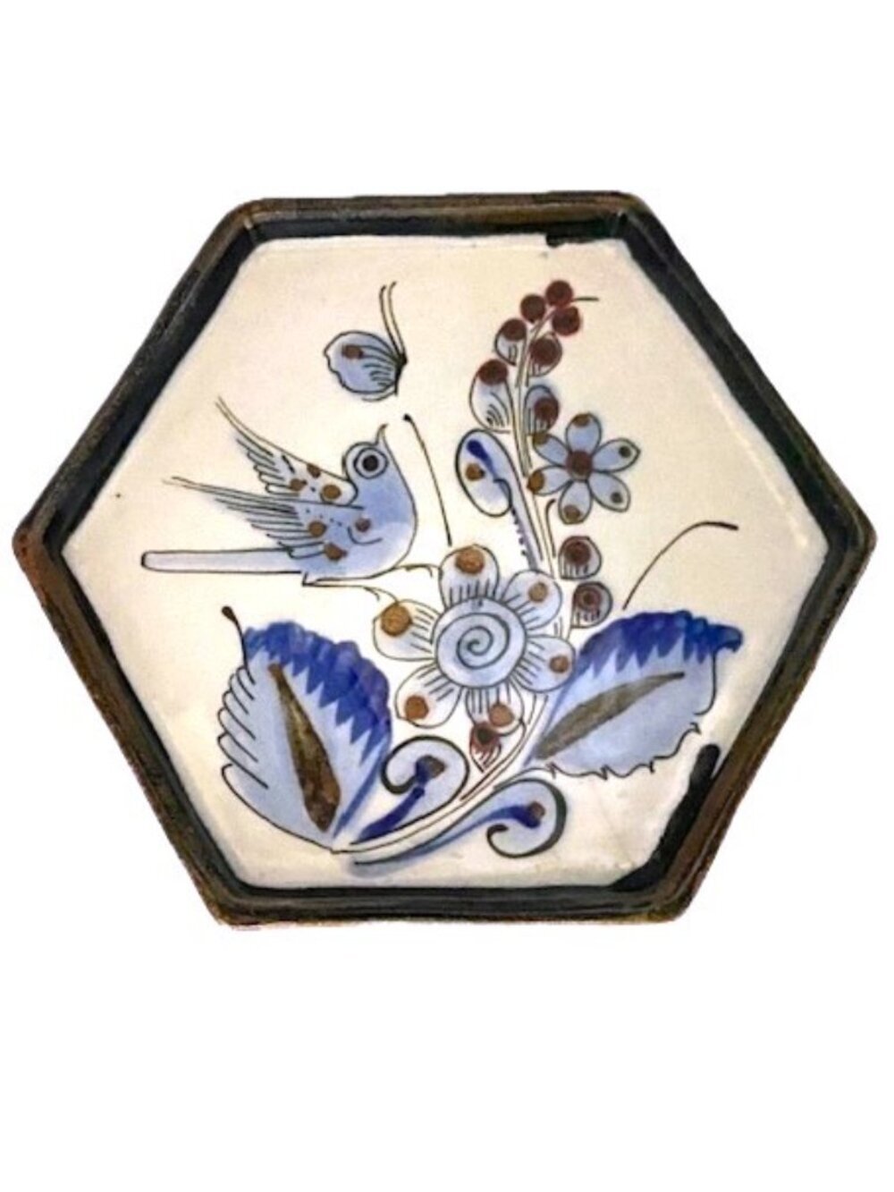 Ken Edwards Tonala Mexican Pottery falk art blue bird hexagonal dish plate tray